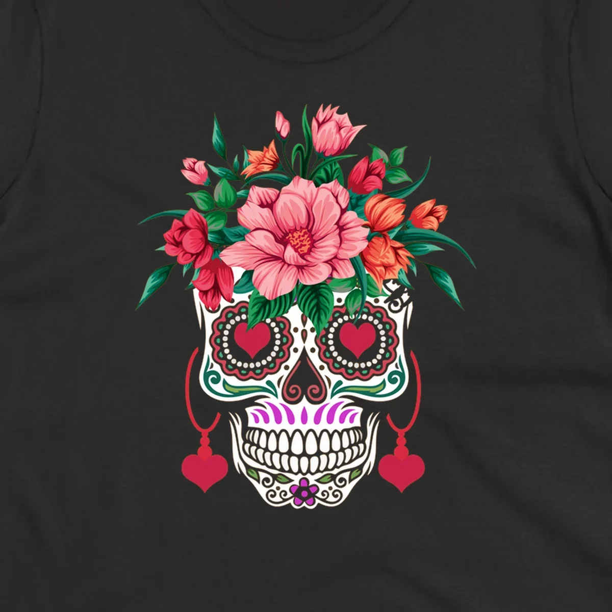 A vibrant floral sugar skull illustration with pink, red, and orange flowers, green leaves, and heart eyes.