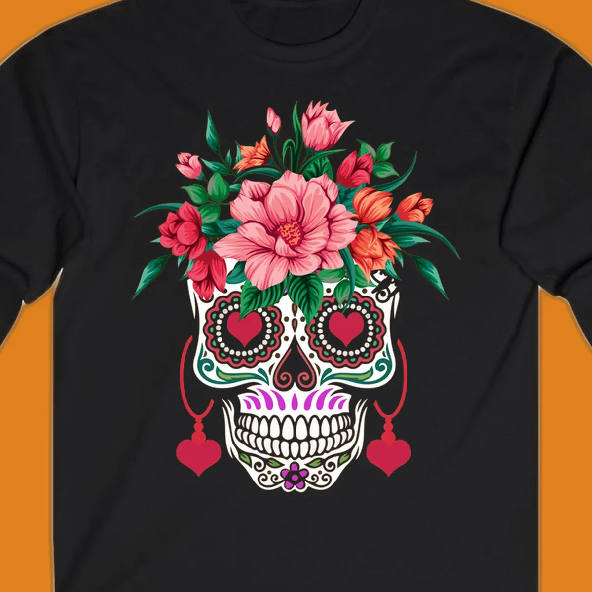 A vibrant floral sugar skull illustration with pink, red, and orange flowers, green leaves, and heart eyes.