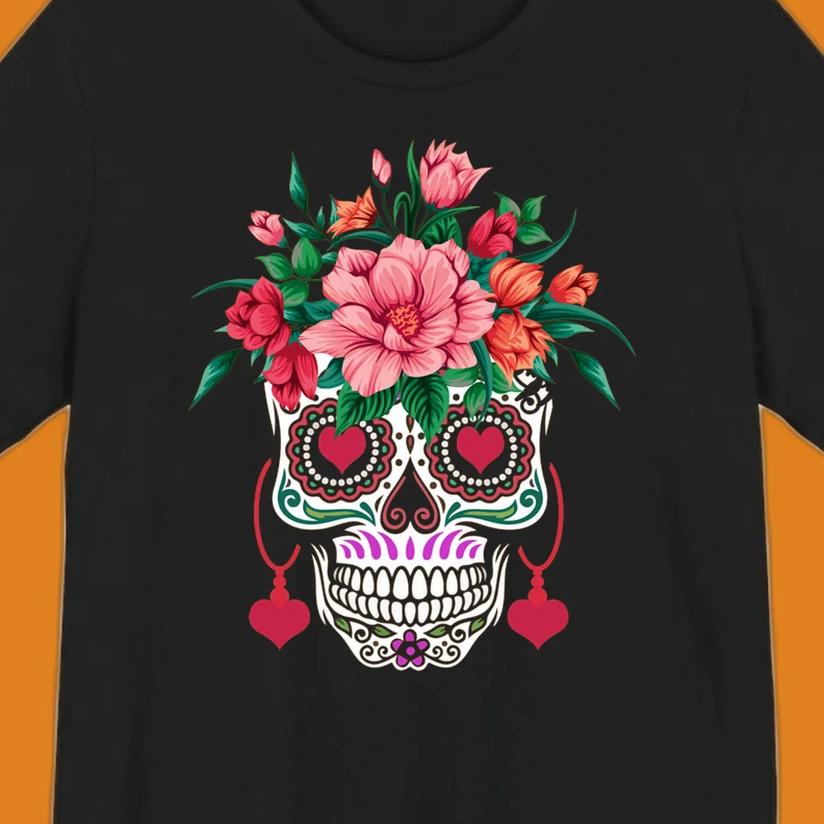 A vibrant floral sugar skull illustration with pink, red, and orange flowers, green leaves, and heart eyes.