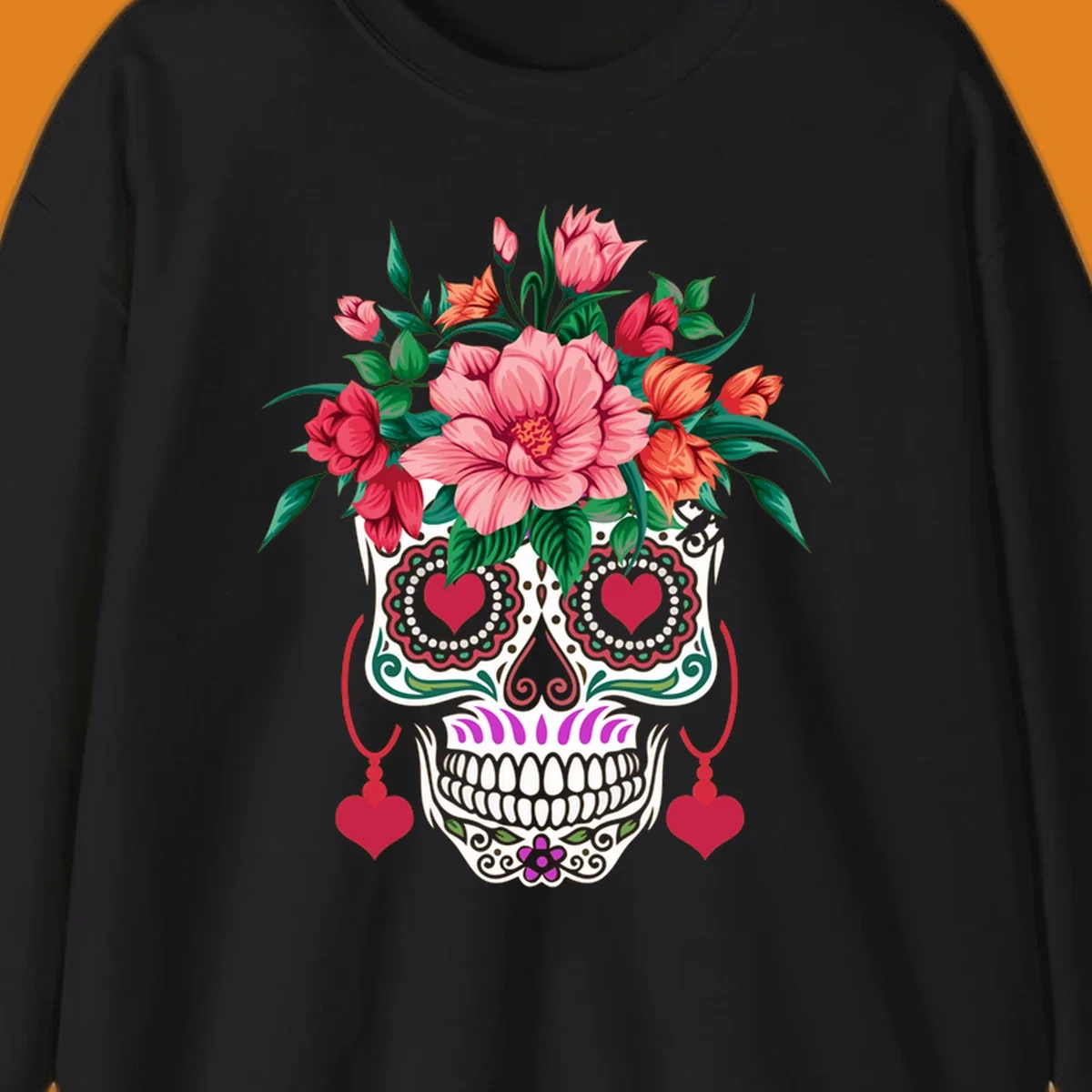 A vibrant floral sugar skull illustration with pink, red, and orange flowers, green leaves, and heart eyes.