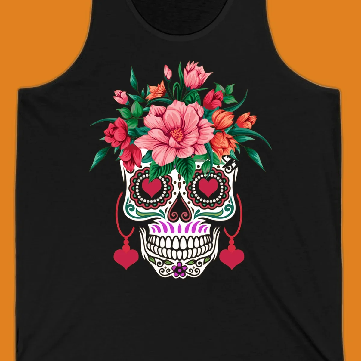A vibrant floral sugar skull illustration with pink, red, and orange flowers, green leaves, and heart eyes.