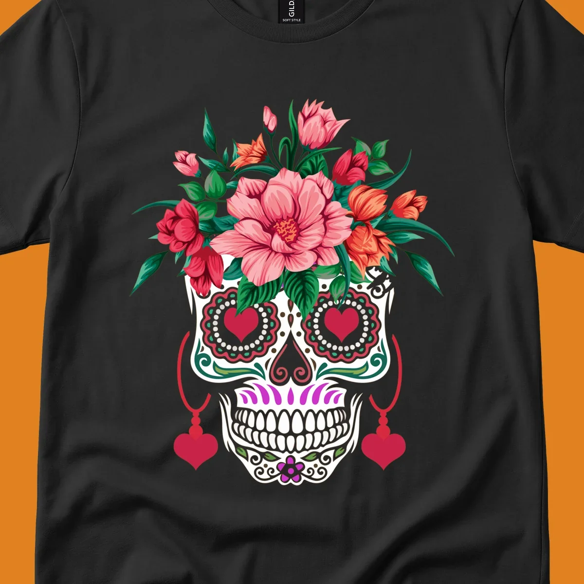 A vibrant floral sugar skull illustration with pink, red, and orange flowers, green leaves, and heart eyes.