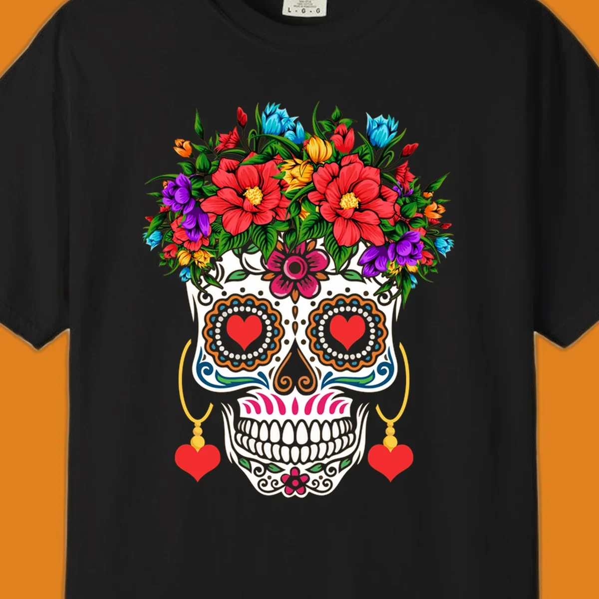 A vibrant floral calavera sugar skull with a crown of red, blue, purple, and yellow flowers, heart eyes, and heart earrings.