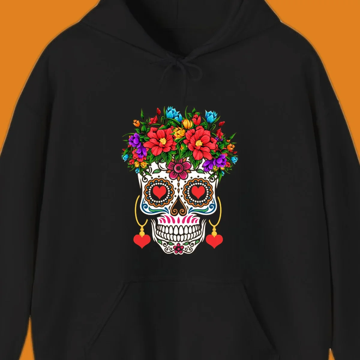 A vibrant floral calavera sugar skull with a crown of red, blue, purple, and yellow flowers, heart eyes, and heart earrings.