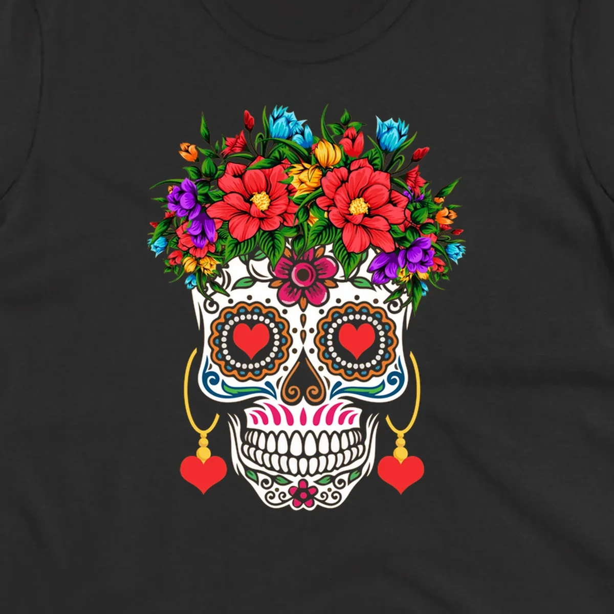 A vibrant floral calavera sugar skull with a crown of red, blue, purple, and yellow flowers, heart eyes, and heart earrings.