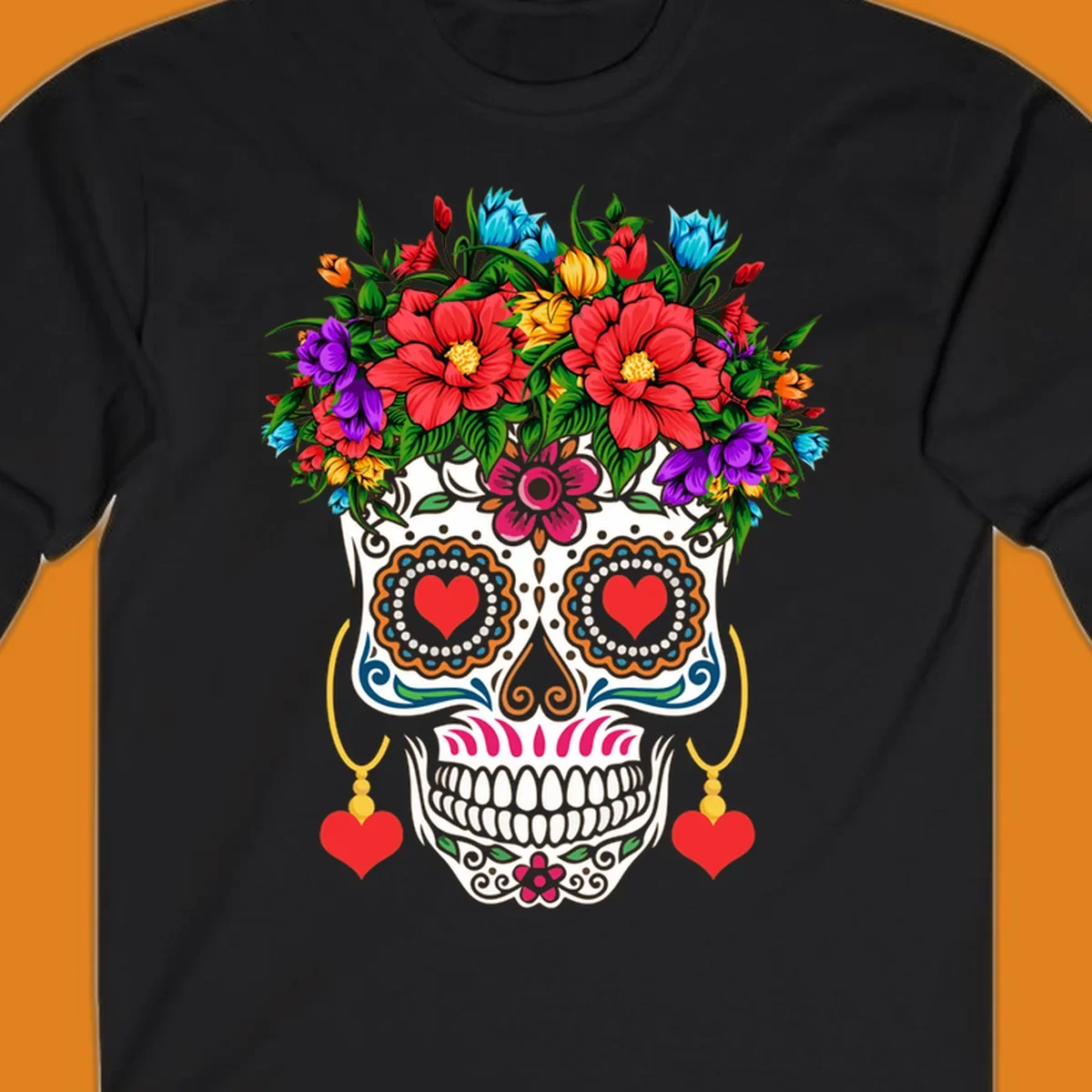 A vibrant floral calavera sugar skull with a crown of red, blue, purple, and yellow flowers, heart eyes, and heart earrings.