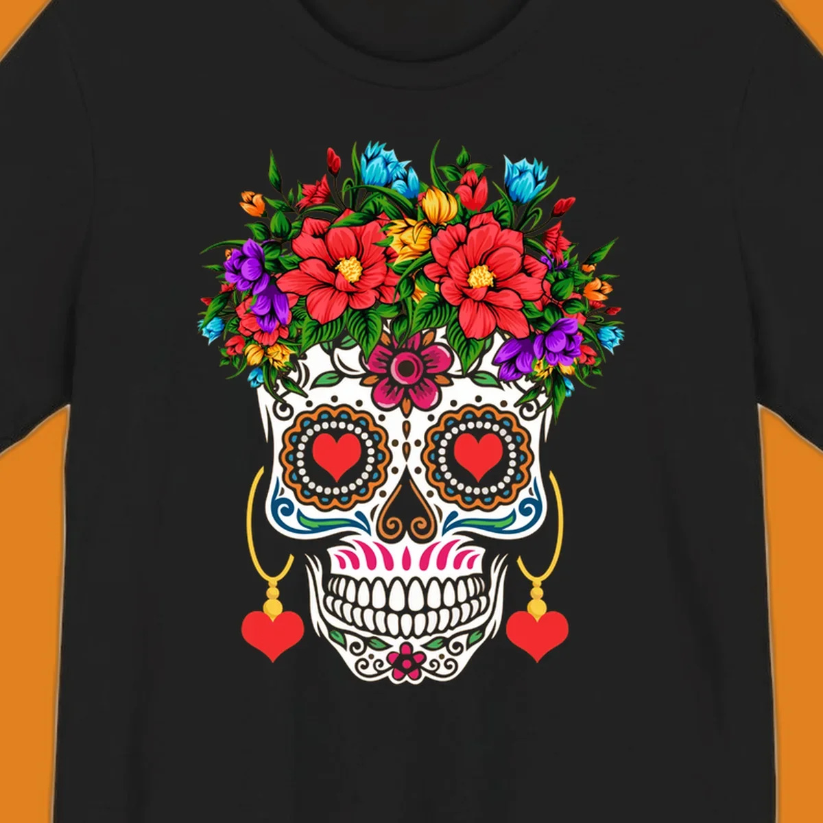 A vibrant floral calavera sugar skull with a crown of red, blue, purple, and yellow flowers, heart eyes, and heart earrings.