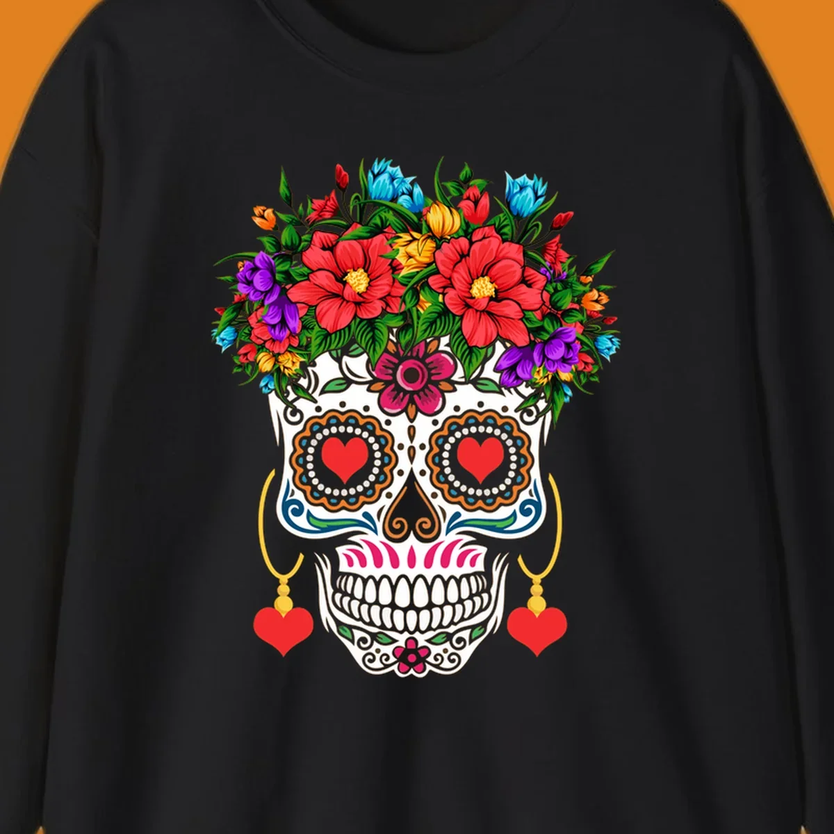 A vibrant floral calavera sugar skull with a crown of red, blue, purple, and yellow flowers, heart eyes, and heart earrings.