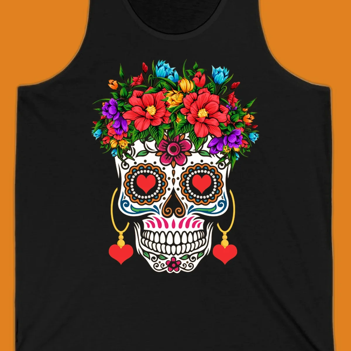 A vibrant floral calavera sugar skull with a crown of red, blue, purple, and yellow flowers, heart eyes, and heart earrings.