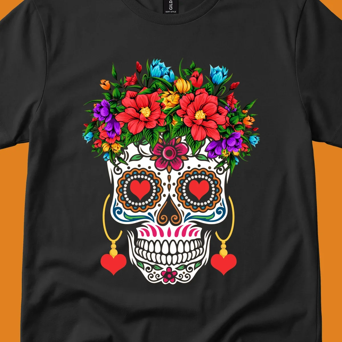 A vibrant floral calavera sugar skull with a crown of red, blue, purple, and yellow flowers, heart eyes, and heart earrings.