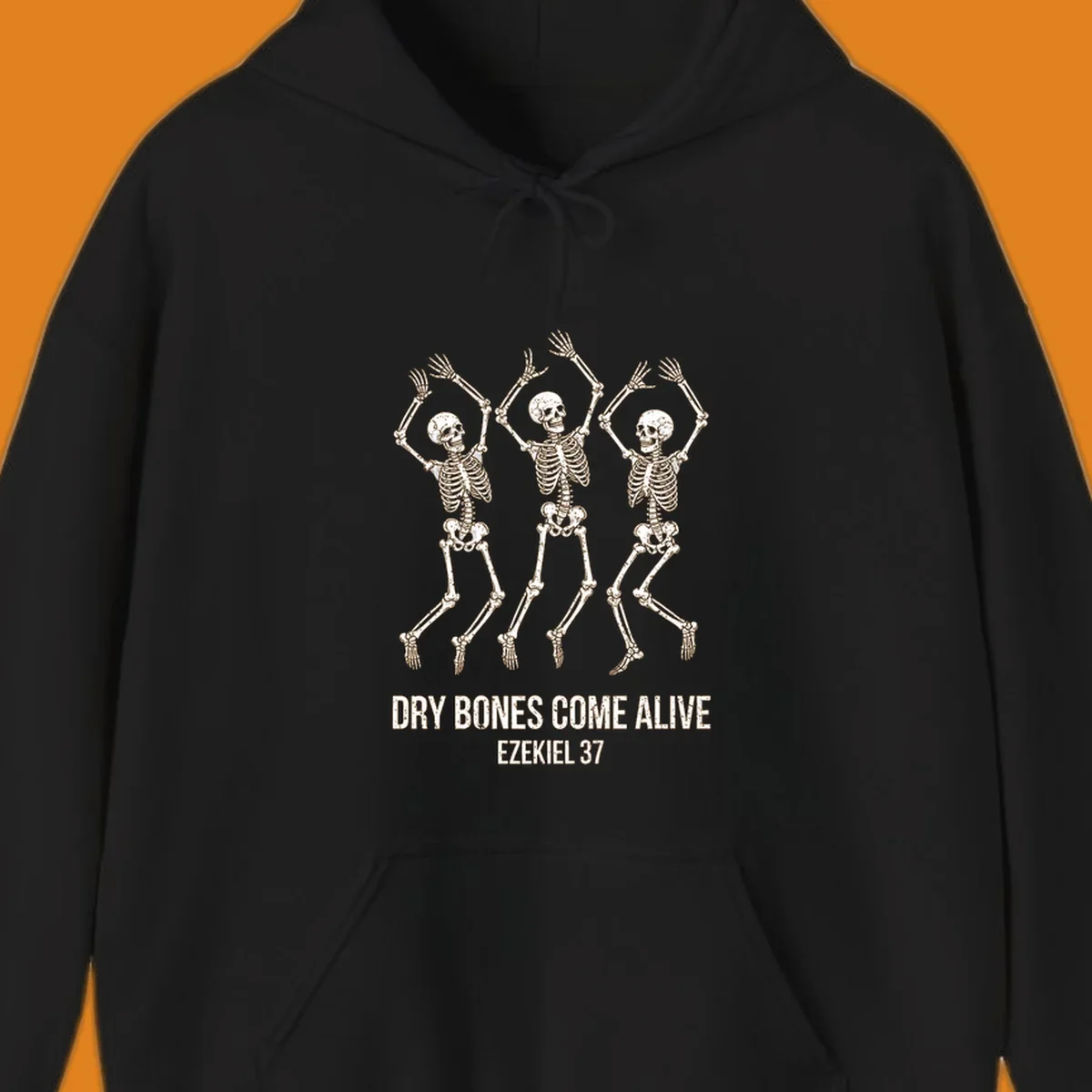 Three dancing skeletons with text 'Dry Bones Come Alive Ezekiel 37' representing dry-bones-resurrection.