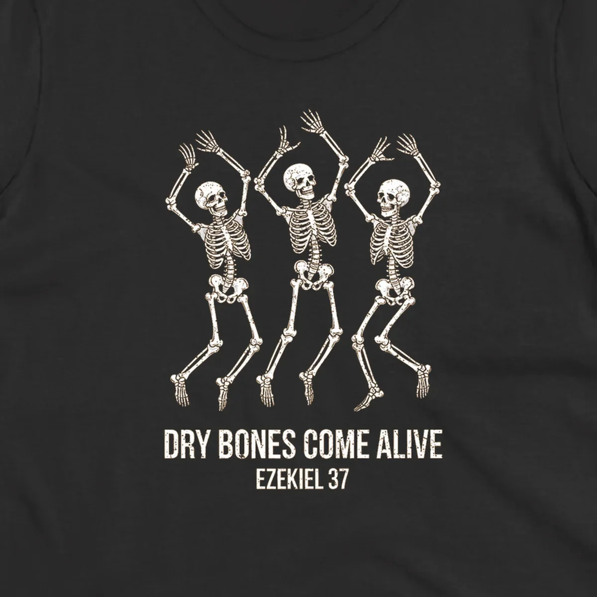Three dancing skeletons with text 'Dry Bones Come Alive Ezekiel 37' representing dry-bones-resurrection.