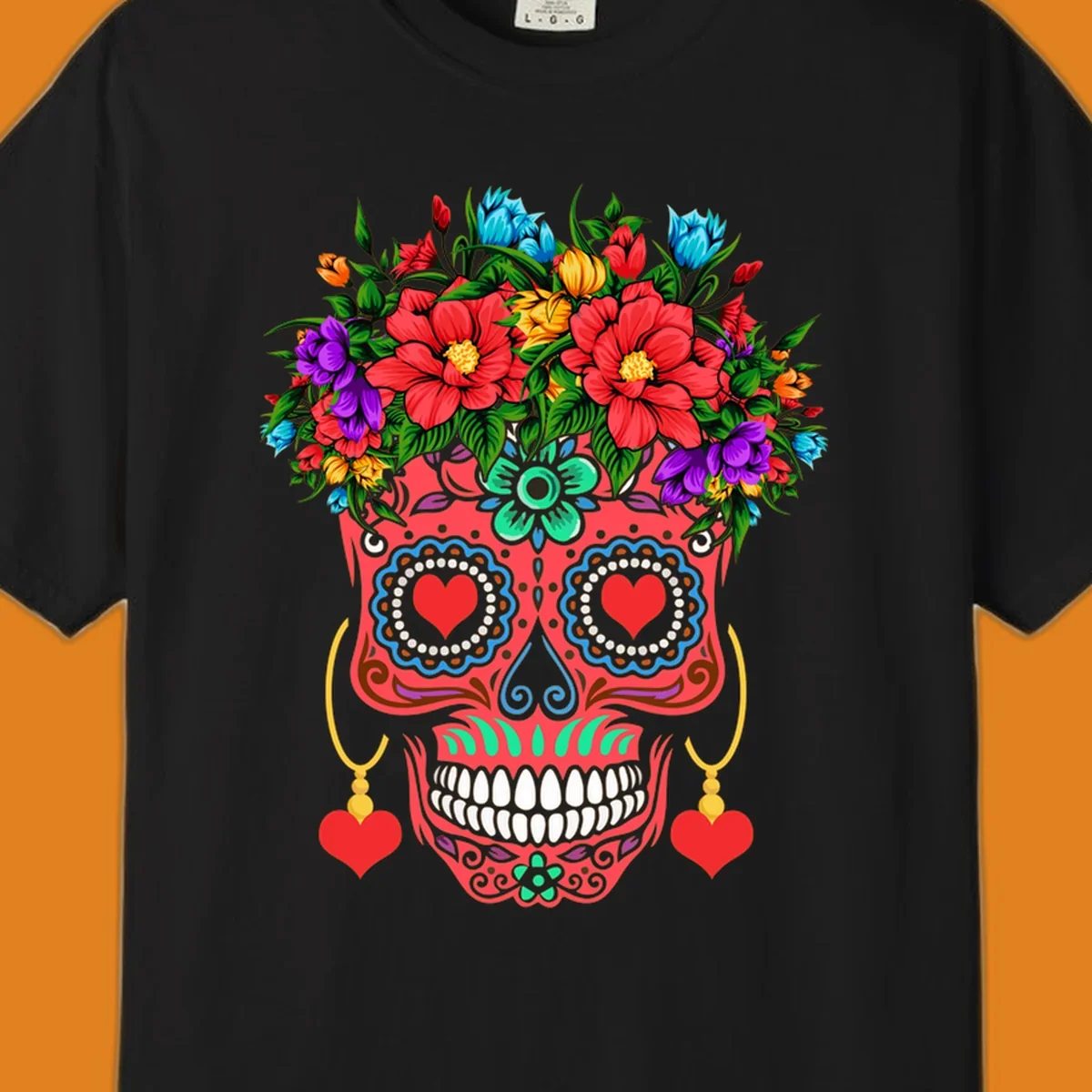A vibrant floral sugar skull illustration with red heart eyes, a crown of colorful flowers, and heart earrings.