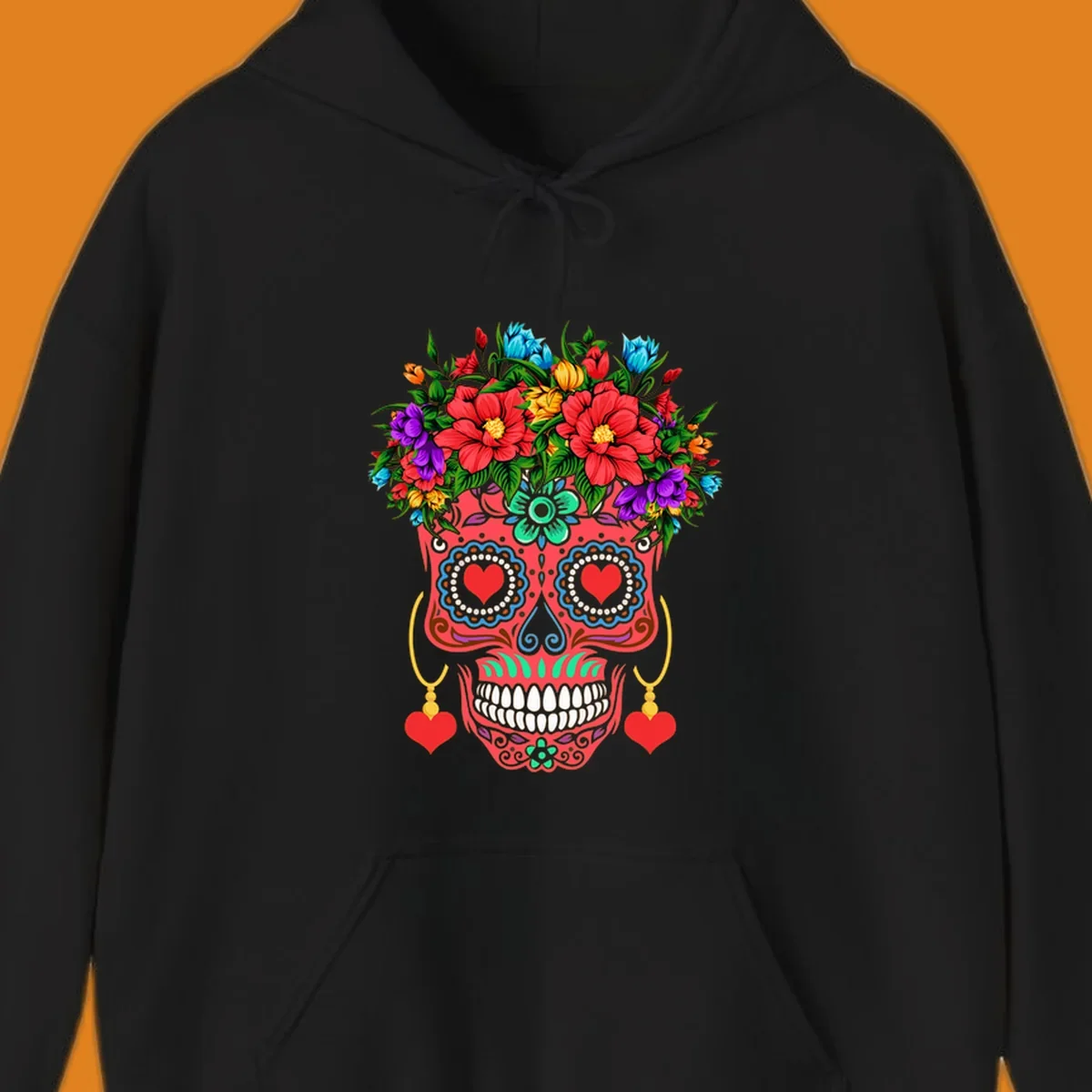 A vibrant floral sugar skull illustration with red heart eyes, a crown of colorful flowers, and heart earrings.