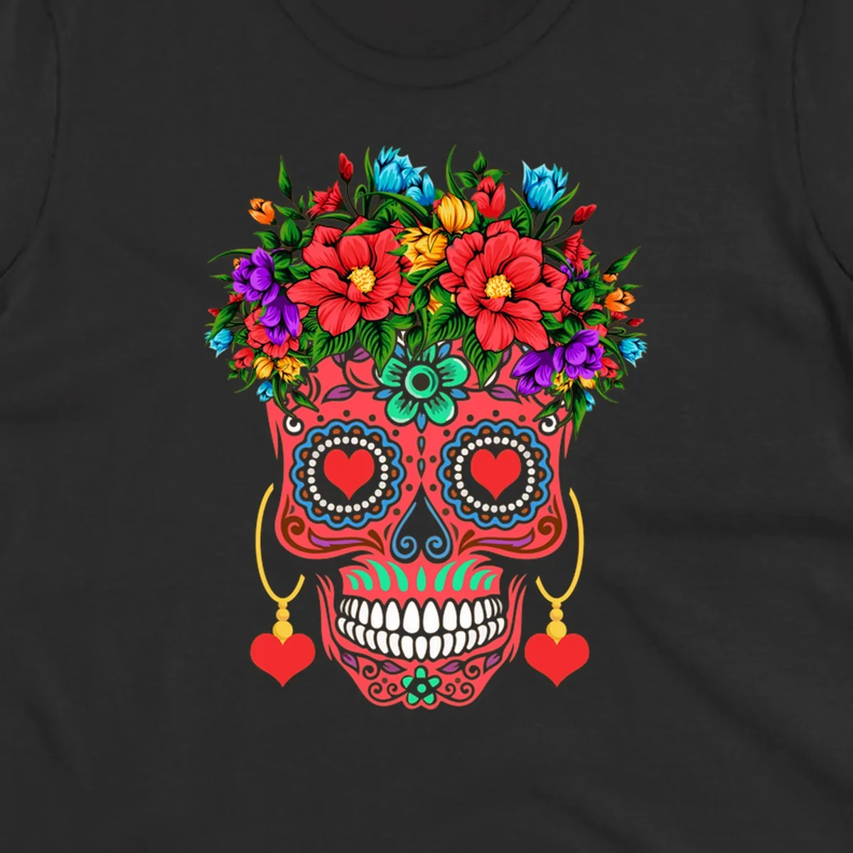 A vibrant floral sugar skull illustration with red heart eyes, a crown of colorful flowers, and heart earrings.