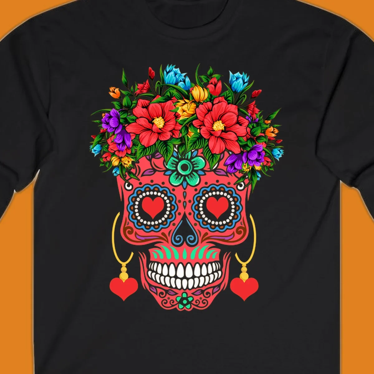 A vibrant floral sugar skull illustration with red heart eyes, a crown of colorful flowers, and heart earrings.