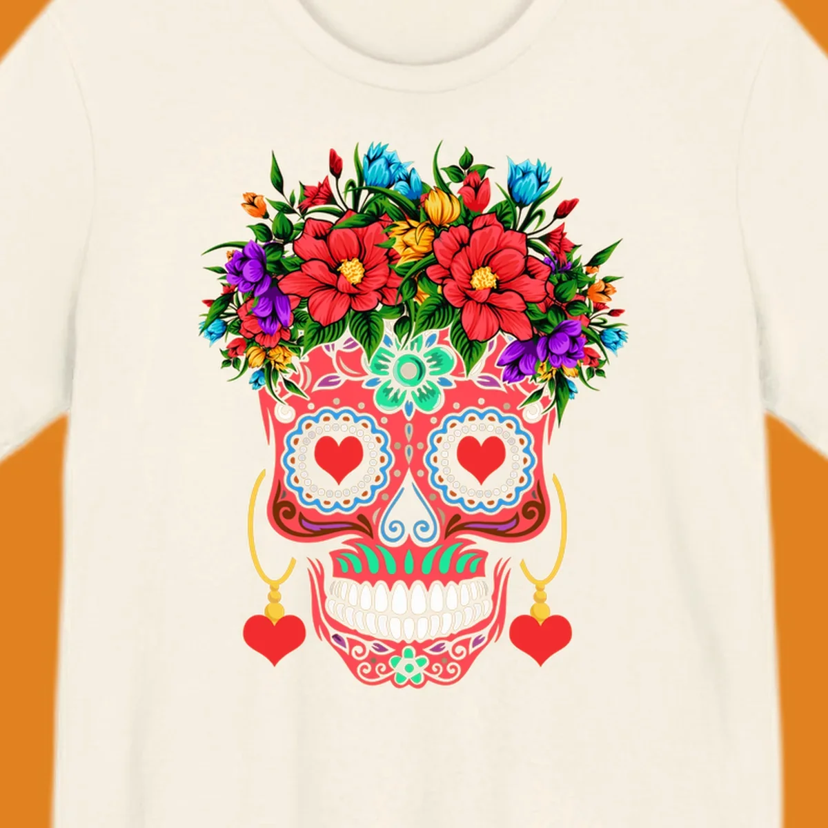 A vibrant floral sugar skull illustration with red heart eyes, a crown of colorful flowers, and heart earrings.