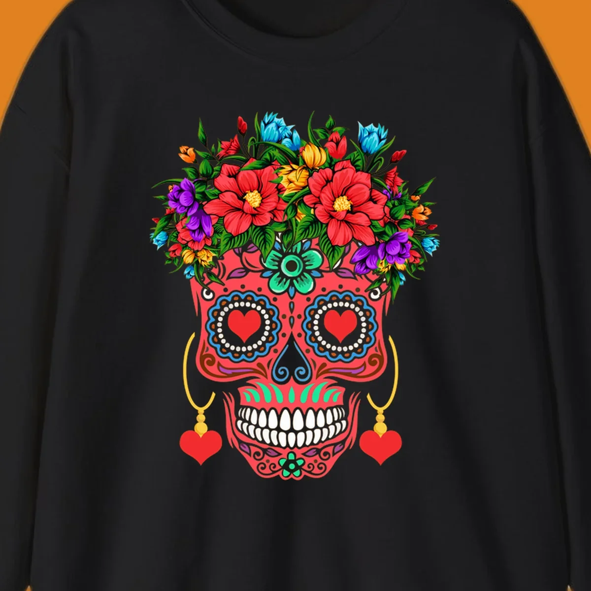 A vibrant floral sugar skull illustration with red heart eyes, a crown of colorful flowers, and heart earrings.