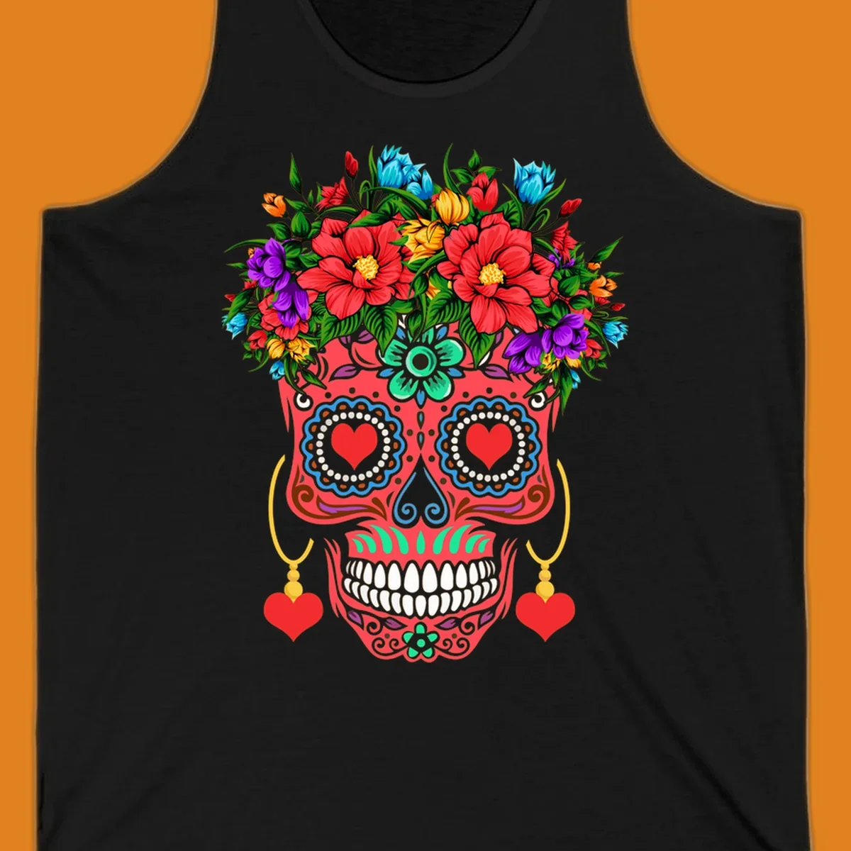 A vibrant floral sugar skull illustration with red heart eyes, a crown of colorful flowers, and heart earrings.