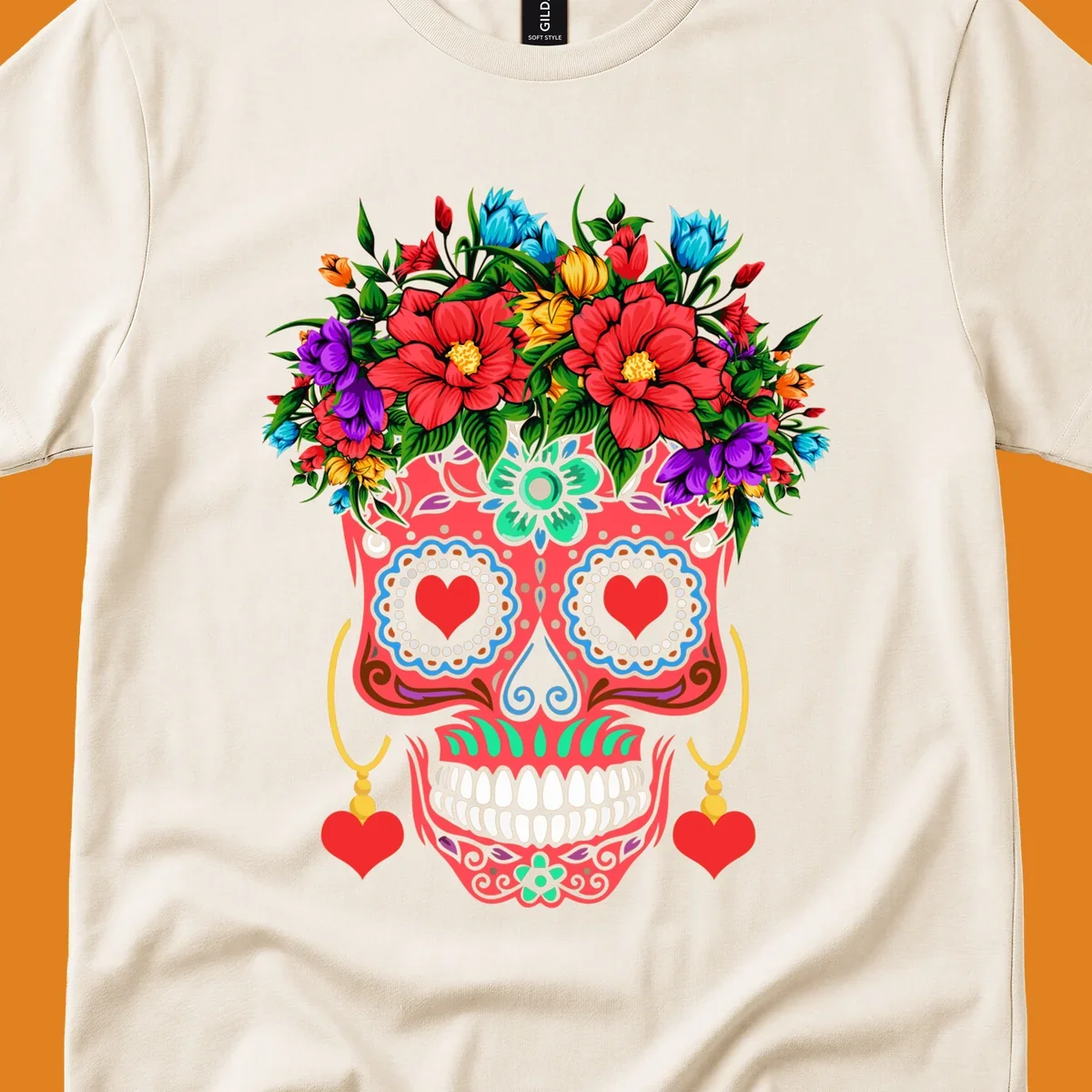 A vibrant floral sugar skull illustration with red heart eyes, a crown of colorful flowers, and heart earrings.