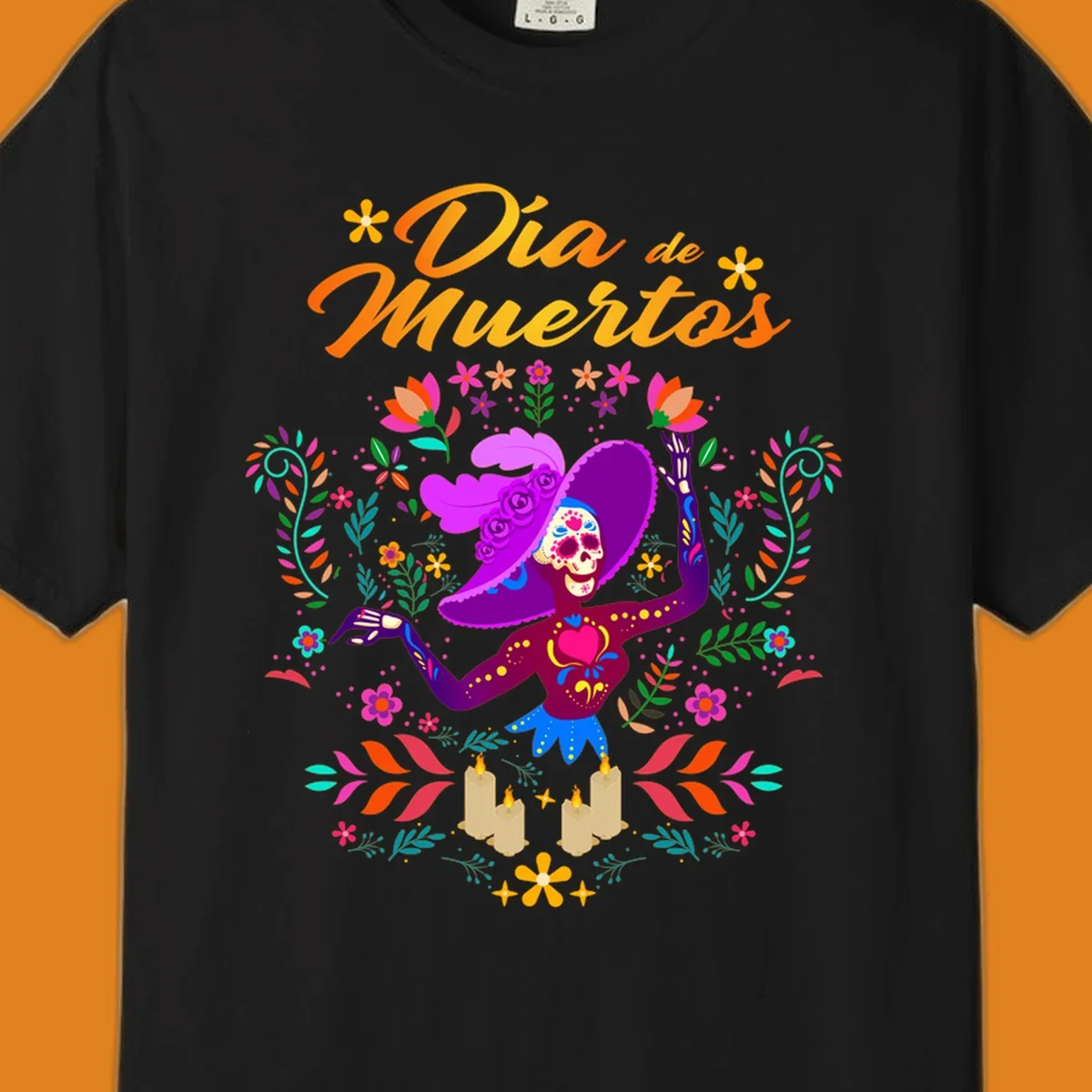A vibrant Día de Muertos Catrina skeleton in a feathered hat, surrounded by colorful flowers, leaves, and candles, with 'Día de Muertos' text.