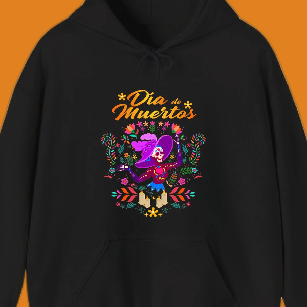 A vibrant Día de Muertos Catrina skeleton in a feathered hat, surrounded by colorful flowers, leaves, and candles, with 'Día de Muertos' text.
