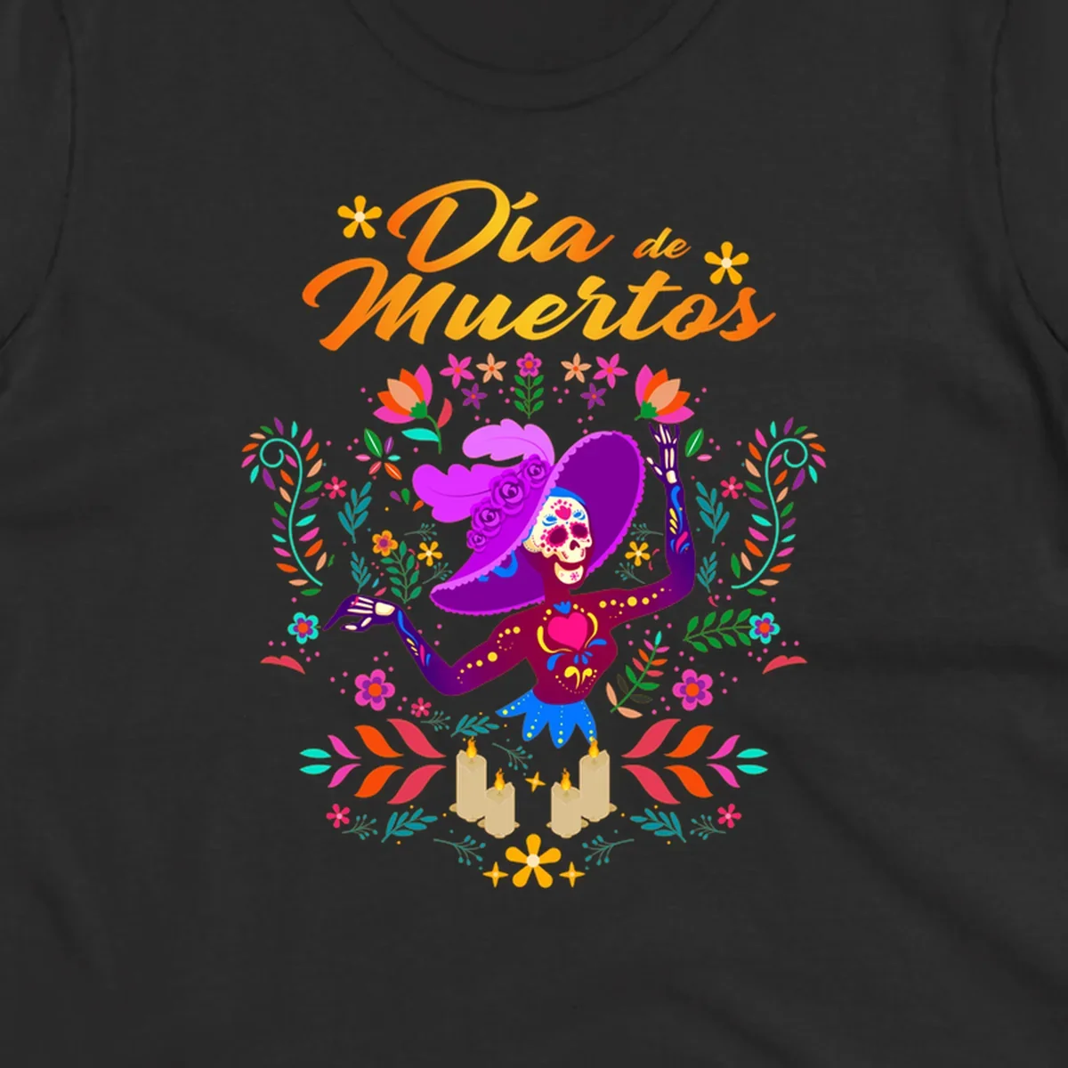 A vibrant Día de Muertos Catrina skeleton in a feathered hat, surrounded by colorful flowers, leaves, and candles, with 'Día de Muertos' text.