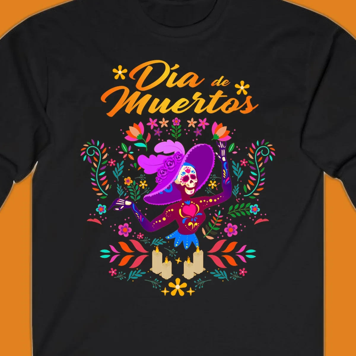 A vibrant Día de Muertos Catrina skeleton in a feathered hat, surrounded by colorful flowers, leaves, and candles, with 'Día de Muertos' text.