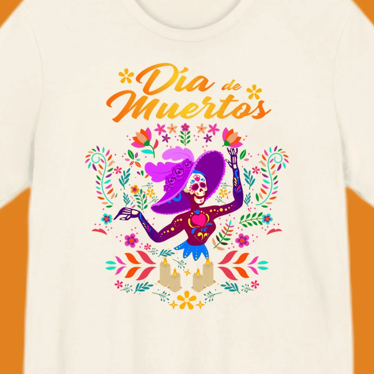 A vibrant Día de Muertos Catrina skeleton in a feathered hat, surrounded by colorful flowers, leaves, and candles, with 'Día de Muertos' text.