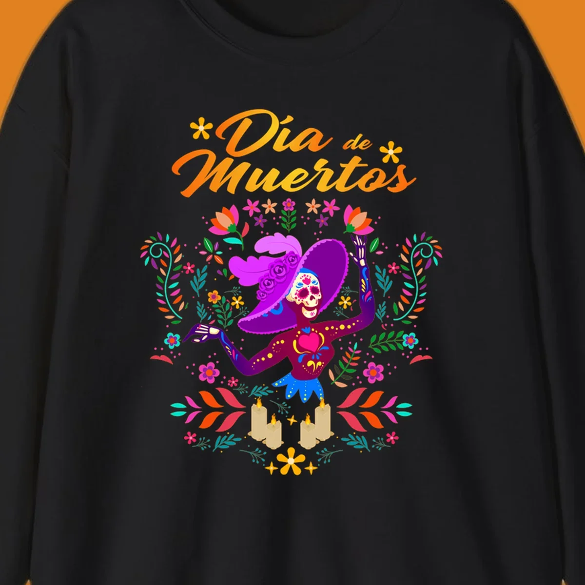 A vibrant Día de Muertos Catrina skeleton in a feathered hat, surrounded by colorful flowers, leaves, and candles, with 'Día de Muertos' text.