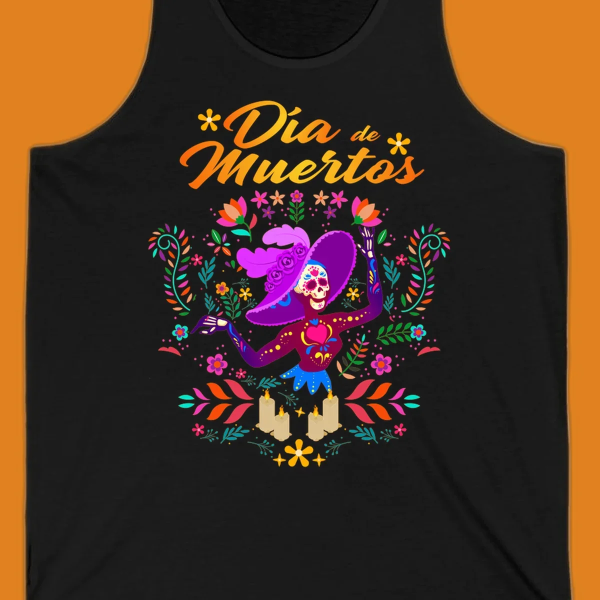 A vibrant Día de Muertos Catrina skeleton in a feathered hat, surrounded by colorful flowers, leaves, and candles, with 'Día de Muertos' text.