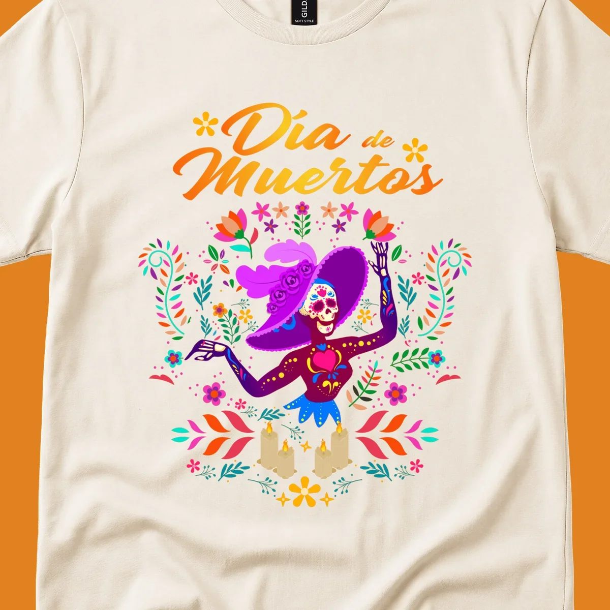 A vibrant Día de Muertos Catrina skeleton in a feathered hat, surrounded by colorful flowers, leaves, and candles, with 'Día de Muertos' text.