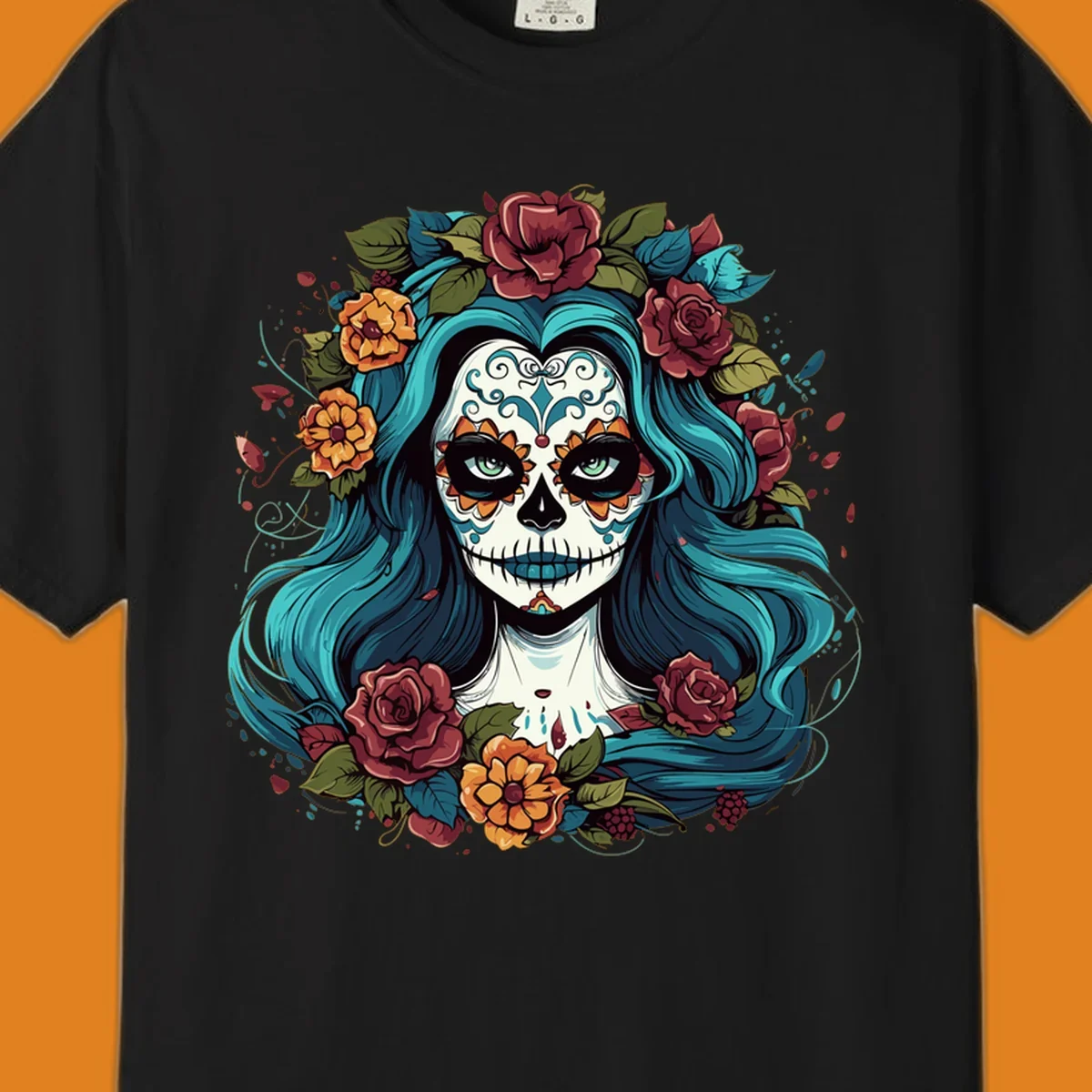 An illustration of a teal-hair calavera woman with a sugar skull face, adorned with a crown of red roses and orange flowers.