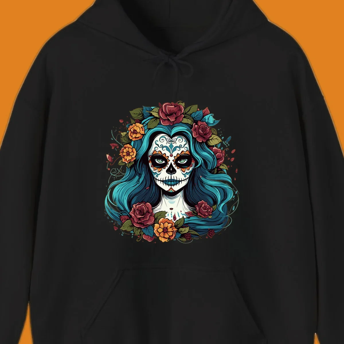 An illustration of a teal-hair calavera woman with a sugar skull face, adorned with a crown of red roses and orange flowers.