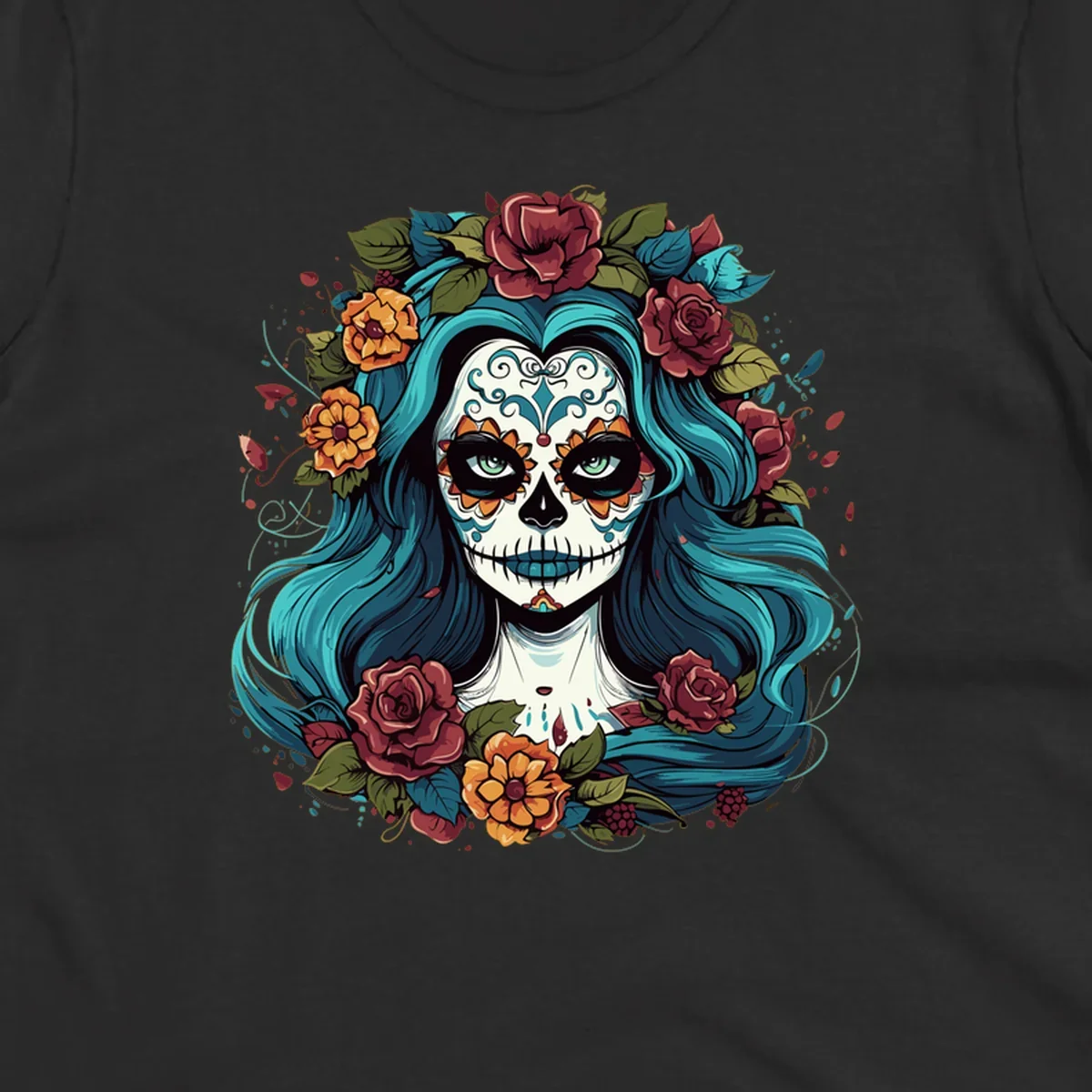An illustration of a teal-hair calavera woman with a sugar skull face, adorned with a crown of red roses and orange flowers.