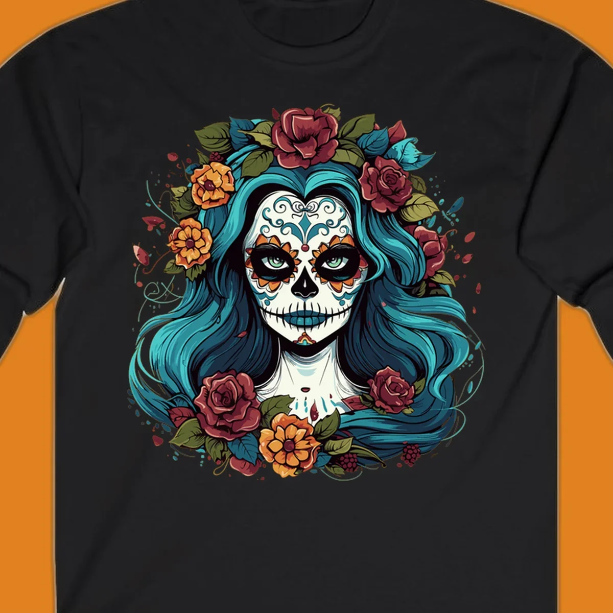 An illustration of a teal-hair calavera woman with a sugar skull face, adorned with a crown of red roses and orange flowers.