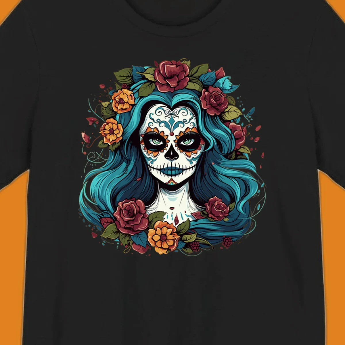 An illustration of a teal-hair calavera woman with a sugar skull face, adorned with a crown of red roses and orange flowers.