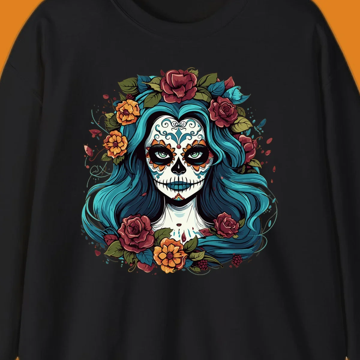 An illustration of a teal-hair calavera woman with a sugar skull face, adorned with a crown of red roses and orange flowers.