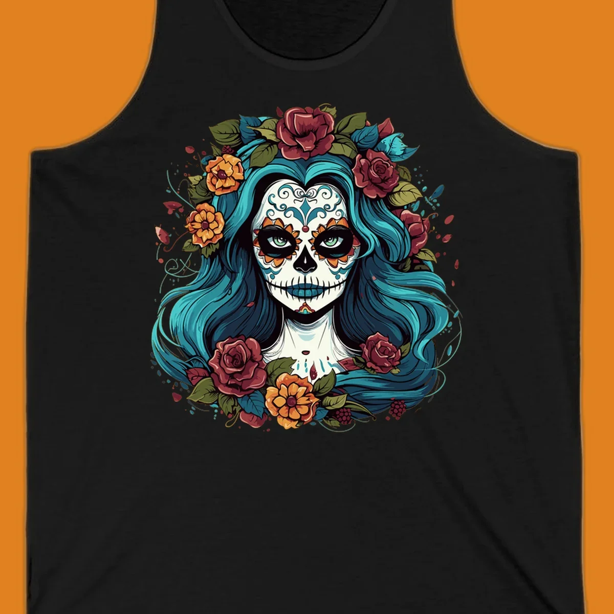 An illustration of a teal-hair calavera woman with a sugar skull face, adorned with a crown of red roses and orange flowers.