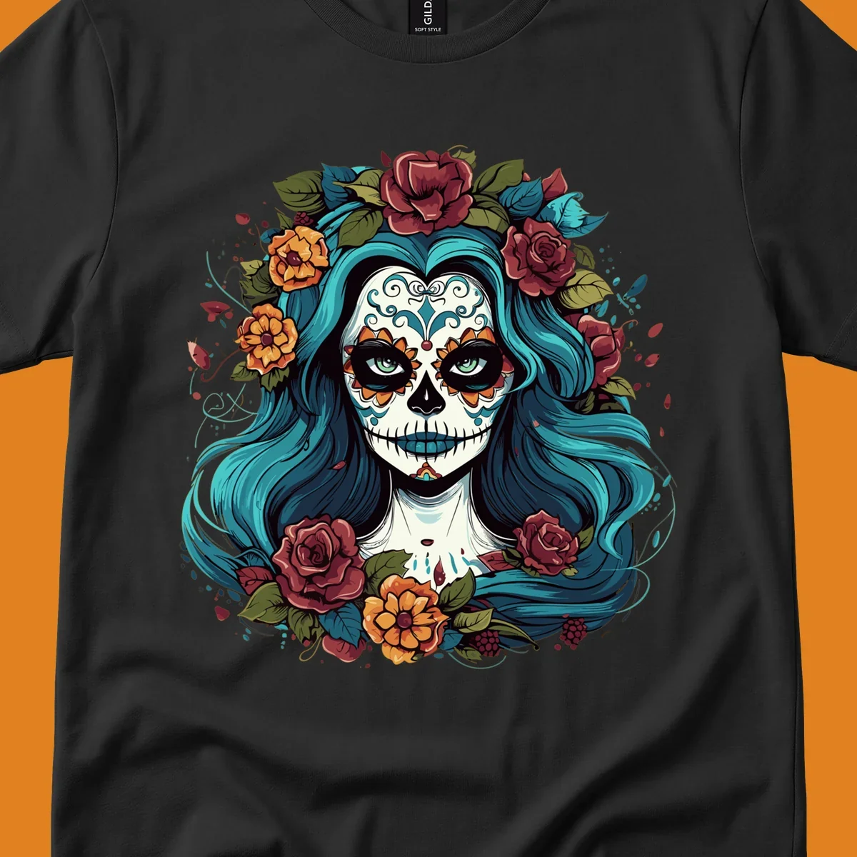 An illustration of a teal-hair calavera woman with a sugar skull face, adorned with a crown of red roses and orange flowers.