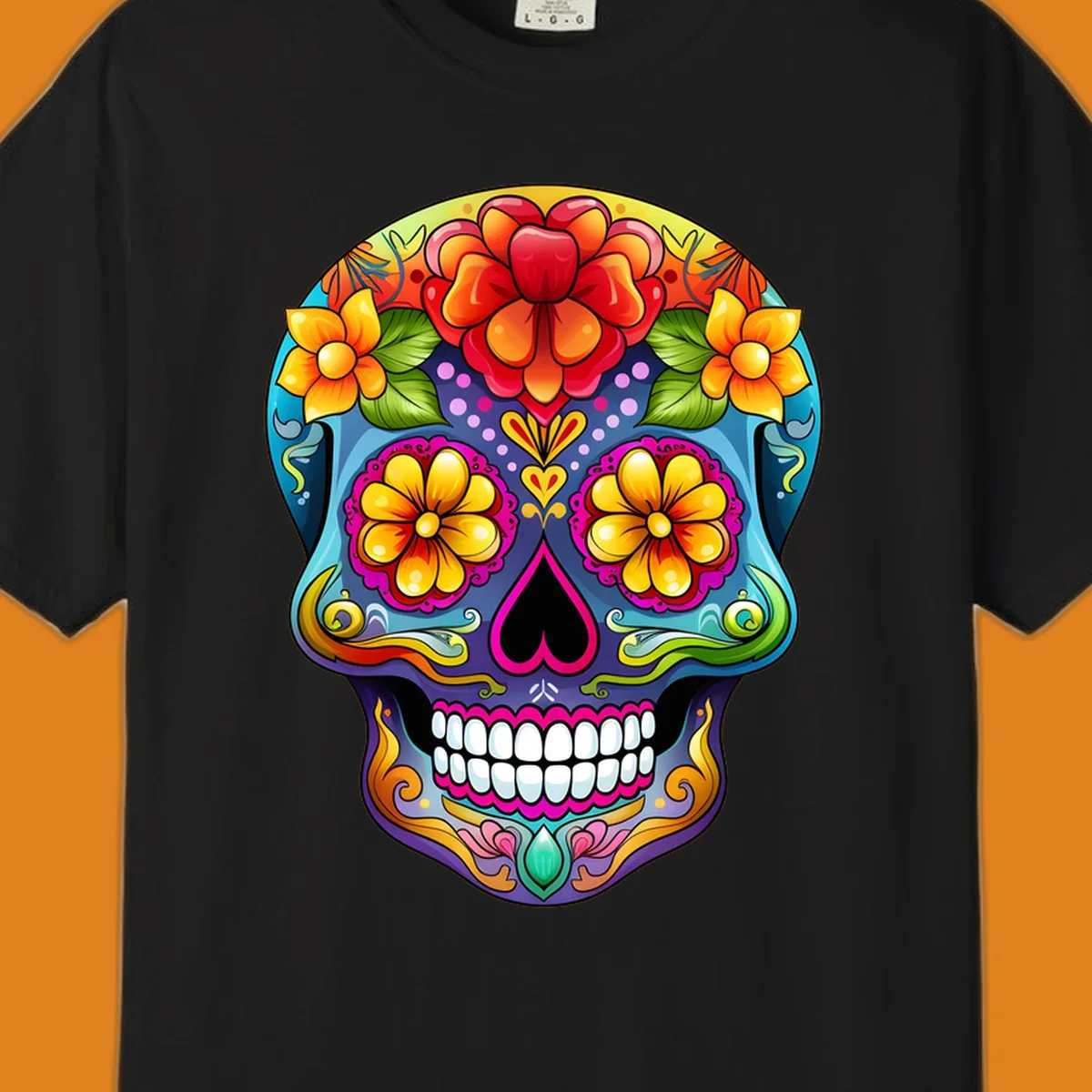 A highly detailed and vibrant floral sugar skull illustration, featuring large red, orange, and yellow flowers.