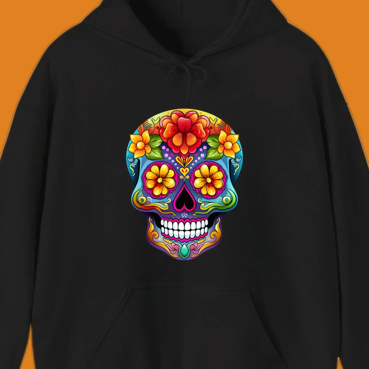 A highly detailed and vibrant floral sugar skull illustration, featuring large red, orange, and yellow flowers.