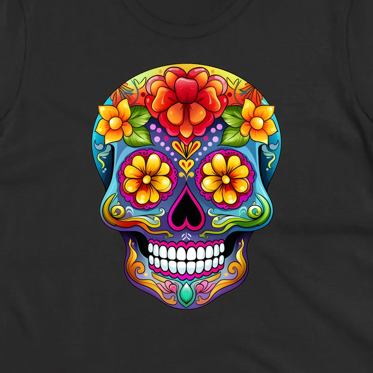 A highly detailed and vibrant floral sugar skull illustration, featuring large red, orange, and yellow flowers.