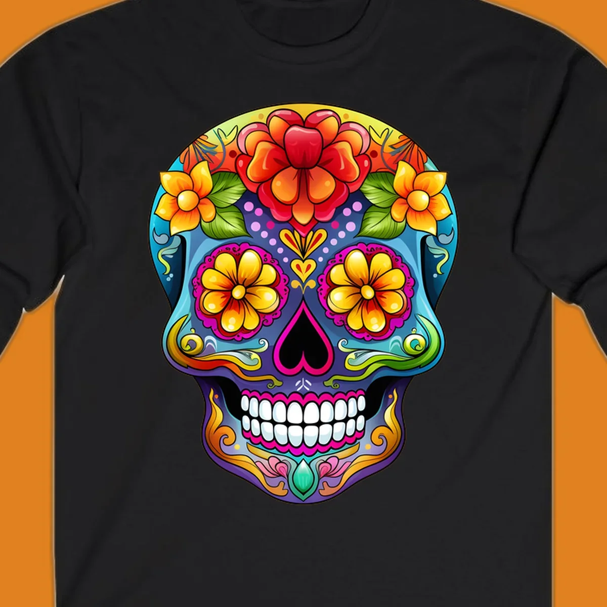 A highly detailed and vibrant floral sugar skull illustration, featuring large red, orange, and yellow flowers.