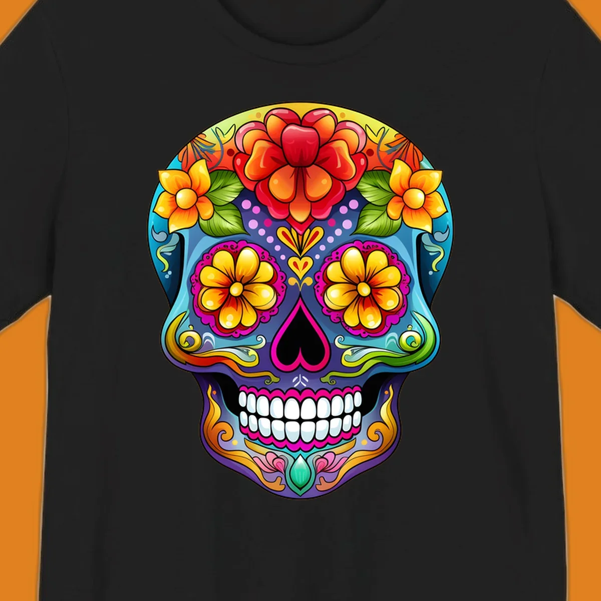 A highly detailed and vibrant floral sugar skull illustration, featuring large red, orange, and yellow flowers.