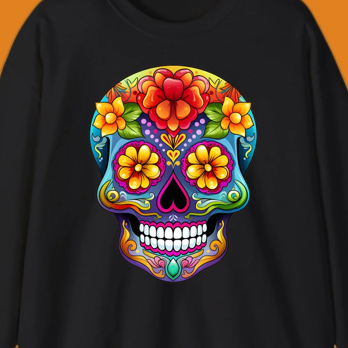A highly detailed and vibrant floral sugar skull illustration, featuring large red, orange, and yellow flowers.