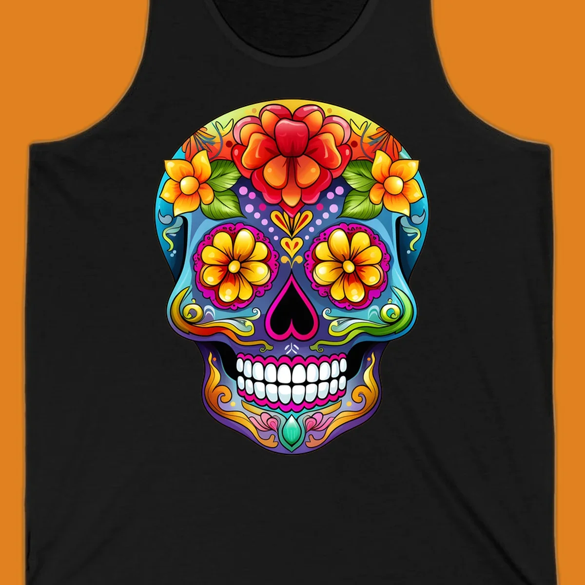 A highly detailed and vibrant floral sugar skull illustration, featuring large red, orange, and yellow flowers.