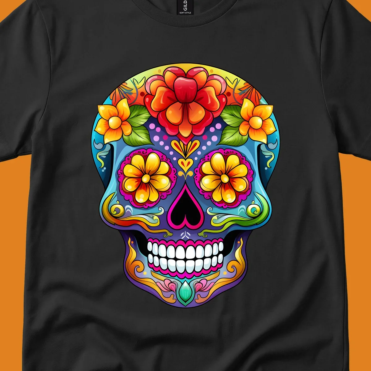 A highly detailed and vibrant floral sugar skull illustration, featuring large red, orange, and yellow flowers.