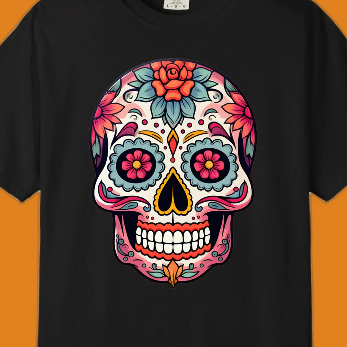 A vibrant floral calavera skull design featuring pink, blue, orange, and yellow flowers and swirls.