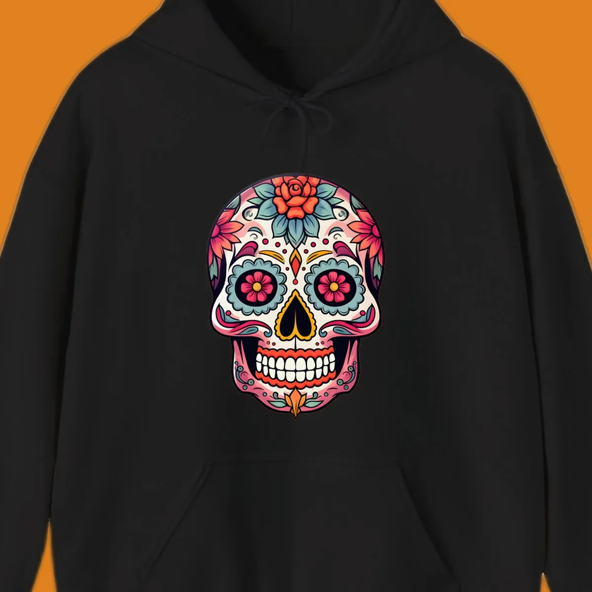 A vibrant floral calavera skull design featuring pink, blue, orange, and yellow flowers and swirls.